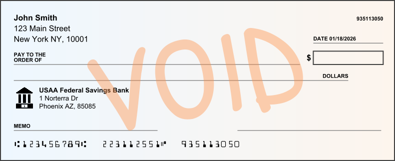 Example of a voided check showing routing number and account number